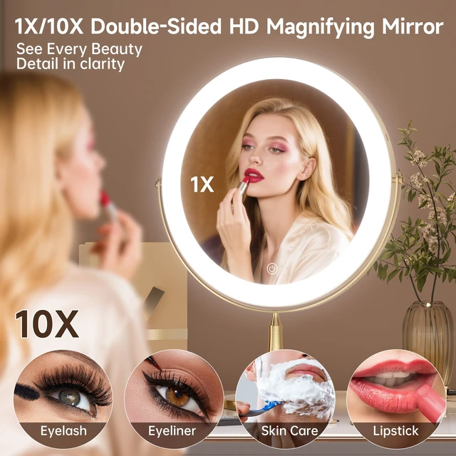 Alt view image 6 of 7 - DEXHOM 11.8" Magnifying Vanity Mirror with Light, 10X/1X Makeup Mirror | tabletop vanity mirror with 3 color lighting, 360° rotation,Adjustable Brightness, 3000mAh, Double-Sided 10X/1X magnifiers