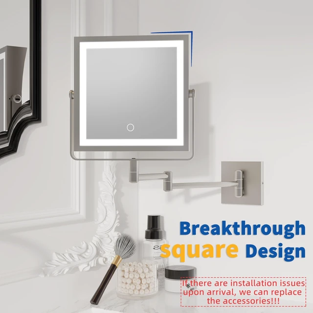 Alt view image 2 of 7 - Ruacq Wall Mounted Makeup Mirror with Lights 1X/10X Brushed Nickel | 8",4000mAh Rechargeable,Magnification,3 Color,Touch Screen Dimmable,360° Rotation Extension Foldable Arm, Square, Women Gift