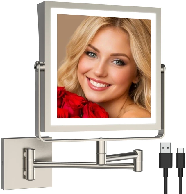 Main image of Ruacq Wall Mounted Makeup Mirror with Lights 1X/10X Brushed Nickel | 8",4000mAh Rechargeable,Magnification,3 Color,Touch Screen Dimmable,360° Rotation Extension Foldable Arm, Square, Women Gift