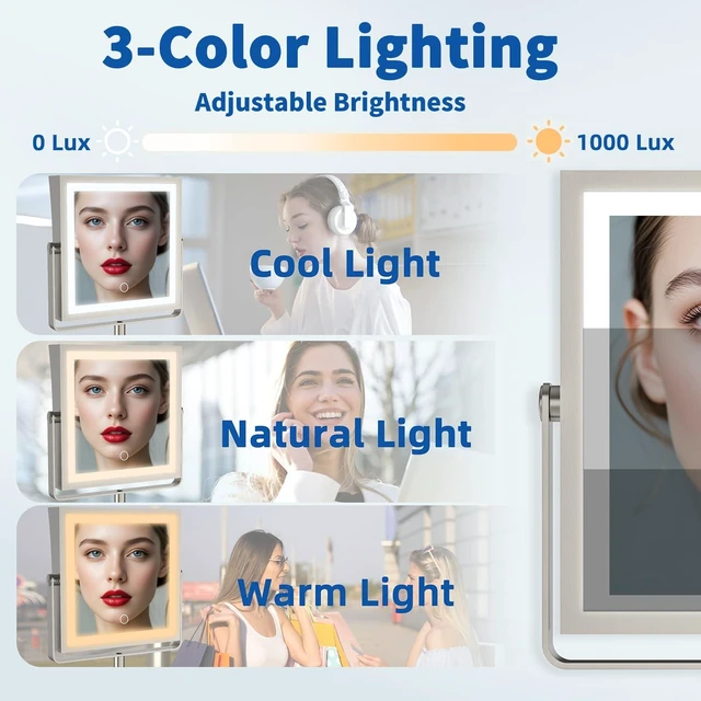 Alt view image 6 of 7 - Ruacq Wall Mounted Makeup Mirror with Lights 1X/10X Brushed Nickel | 8",4000mAh Rechargeable,Magnification,3 Color,Touch Screen Dimmable,360° Rotation Extension Foldable Arm, Square, Women Gift