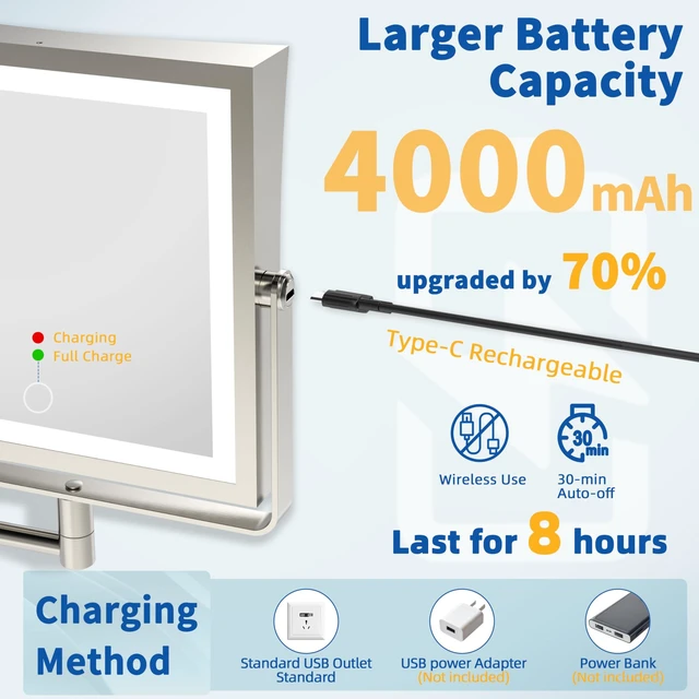 Alt view image 3 of 7 - Ruacq Wall Mounted Makeup Mirror with Lights 1X/10X Brushed Nickel | 8",4000mAh Rechargeable,Magnification,3 Color,Touch Screen Dimmable,360° Rotation Extension Foldable Arm, Square, Women Gift