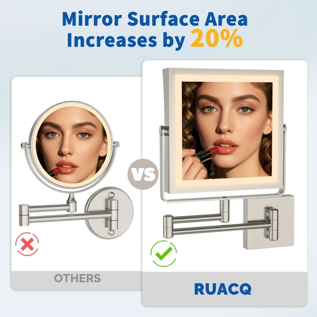 Alt view image 4 of 7 - Ruacq Wall Mounted Makeup Mirror with Lights 1X/10X Brushed Nickel | 8",4000mAh Rechargeable,Magnification,3 Color,Touch Screen Dimmable,360° Rotation Extension Foldable Arm, Square, Women Gift