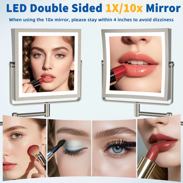 Alt view image 5 of 7 - Ruacq Wall Mounted Makeup Mirror with Lights 1X/10X Brushed Nickel | 8",4000mAh Rechargeable,Magnification,3 Color,Touch Screen Dimmable,360° Rotation Extension Foldable Arm, Square, Women Gift