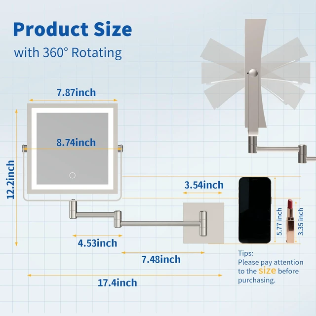 Alt view image 7 of 7 - Ruacq Wall Mounted Makeup Mirror with Lights 1X/10X Brushed Nickel | 8",4000mAh Rechargeable,Magnification,3 Color,Touch Screen Dimmable,360° Rotation Extension Foldable Arm, Square, Women Gift