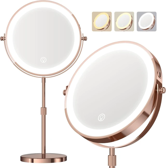 Main image of Dienmern Makeup Mirror, 1X/20X Rechargeable Vanity Mirror with Lights | Double-Sided, 5000mAh, 3 Color Dimmable Brightness, Magnification, 360° Rotation, for Dorm, Room Essentials, Women Gift