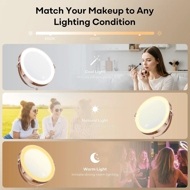 Alt view image 2 of 7 - Dienmern Makeup Mirror, 1X/20X Rechargeable Vanity Mirror with Lights | Double-Sided, 5000mAh, 3 Color Dimmable Brightness, Magnification, 360° Rotation, for Dorm, Room Essentials, Women Gift
