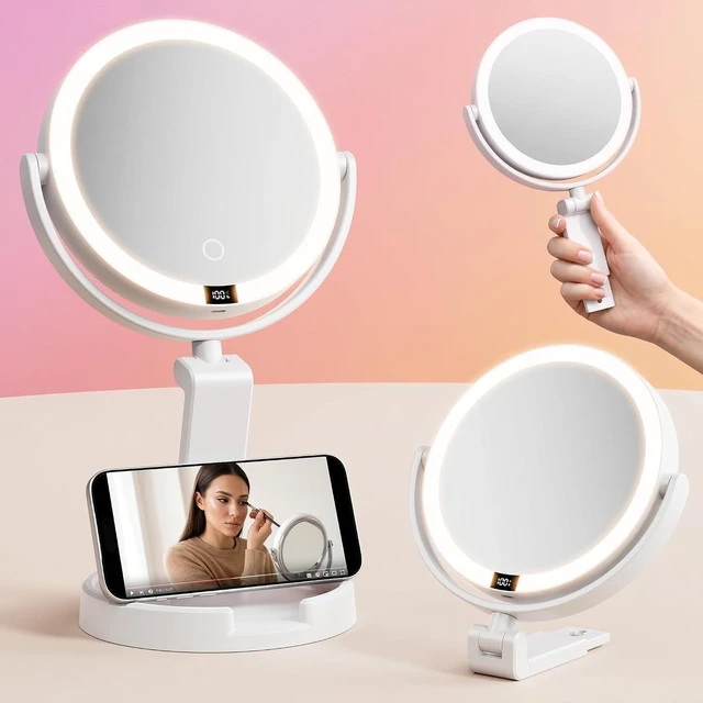Main image of Travel Makeup Mirror with Lights - 1X/30X Magnifying Double Sided Mirror | 3 Color Lighting & Stepless Dimming, 2000mAh Rechargeable, Foldable Portable for Travel, Desk, Wall