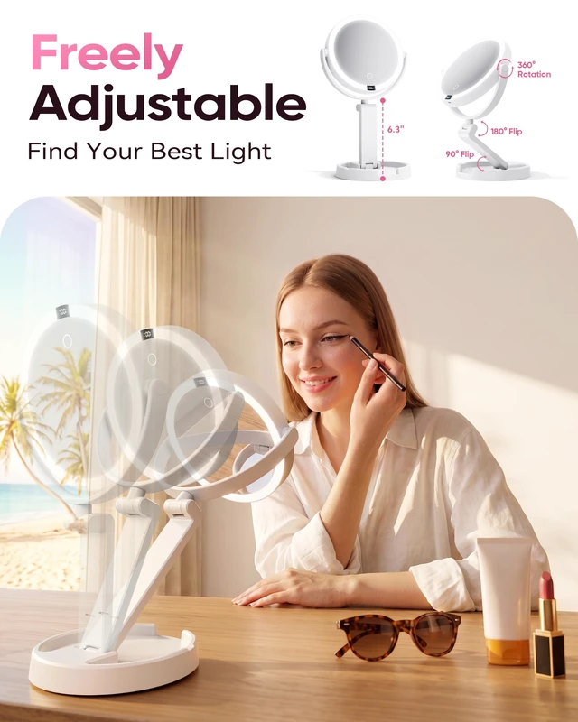 Alt view image 2 of 7 - Travel Makeup Mirror with Lights - 1X/30X Magnifying Double Sided Mirror | 3 Color Lighting & Stepless Dimming, 2000mAh Rechargeable, Foldable Portable for Travel, Desk, Wall