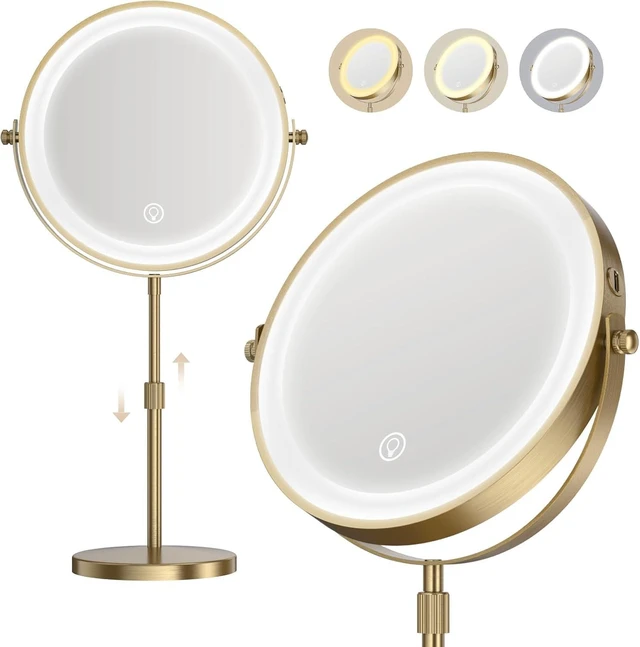 Main image of Dienmern Makeup Mirror, 1X/20X Rechargeable Vanity Mirror with Lights | Double-Sided, 5000mAh, 3 Color Dimmable Brightness, Magnification, 360° Rotation, for Dorm, Room Essentials, Women Gift