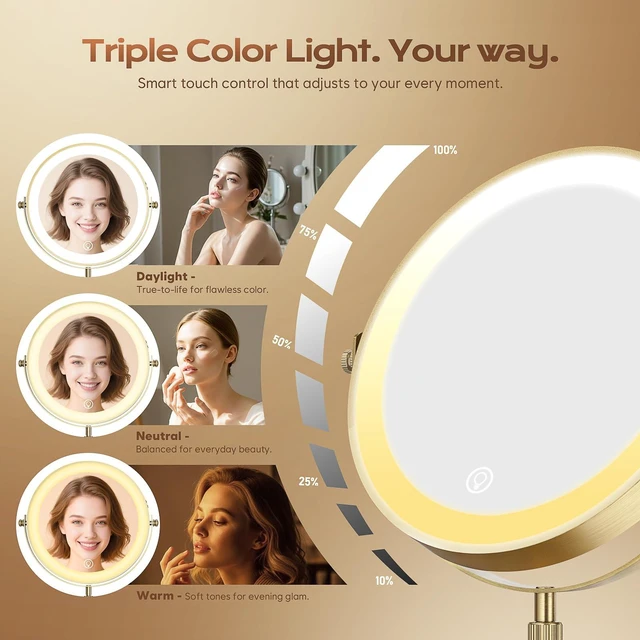 Alt view image 3 of 7 - Dienmern Makeup Mirror, 1X/20X Rechargeable Vanity Mirror with Lights | Double-Sided, 5000mAh, 3 Color Dimmable Brightness, Magnification, 360° Rotation, for Dorm, Room Essentials, Women Gift
