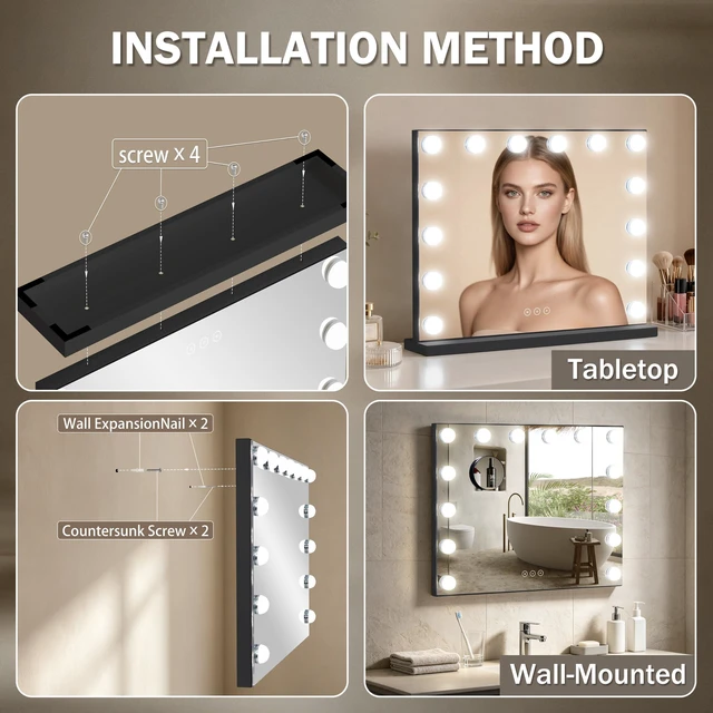 Alt view image 4 of 7 - NUSVAN Vanity Mirror with Lights Lighted Makeup Mirror with Dimmable LED Bulbs,3 Color Lighting Modes,USB Charging Port Touch Control,Sturdy Metal Frame Design,Black (50x40cm, 4.70)