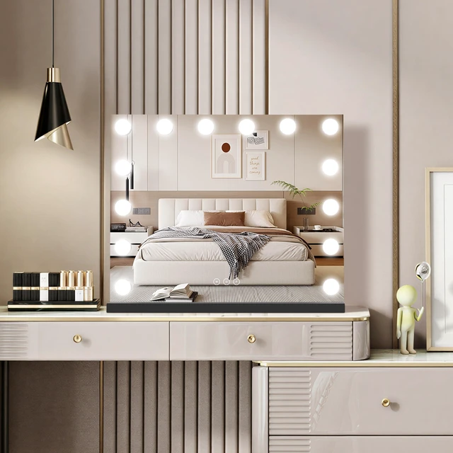 Alt view image 7 of 7 - NUSVAN Vanity Mirror with Lights Lighted Makeup Mirror with Dimmable LED Bulbs,3 Color Lighting Modes,USB Charging Port Touch Control,Sturdy Metal Frame Design,Black (50x40cm, 4.70)