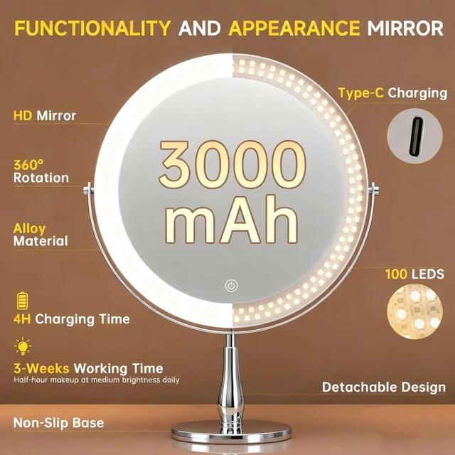Alt view image 3 of 7 - DEXHOM 11.8" Magnifying Vanity Mirror with Light, 10X/1X 2-Sided Mirror | Adjustable Brightness, Color Changing, 3000mAh, Double-Sided, Gift for Mom, Women, Wife, Girls, Dorm Room Essential