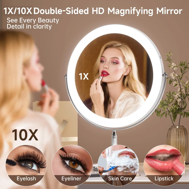 Alt view image 6 of 7 - DEXHOM 11.8" Magnifying Vanity Mirror with Light, 10X/1X 2-Sided Mirror | Adjustable Brightness, Color Changing, 3000mAh, Double-Sided, Gift for Mom, Women, Wife, Girls, Dorm Room Essential