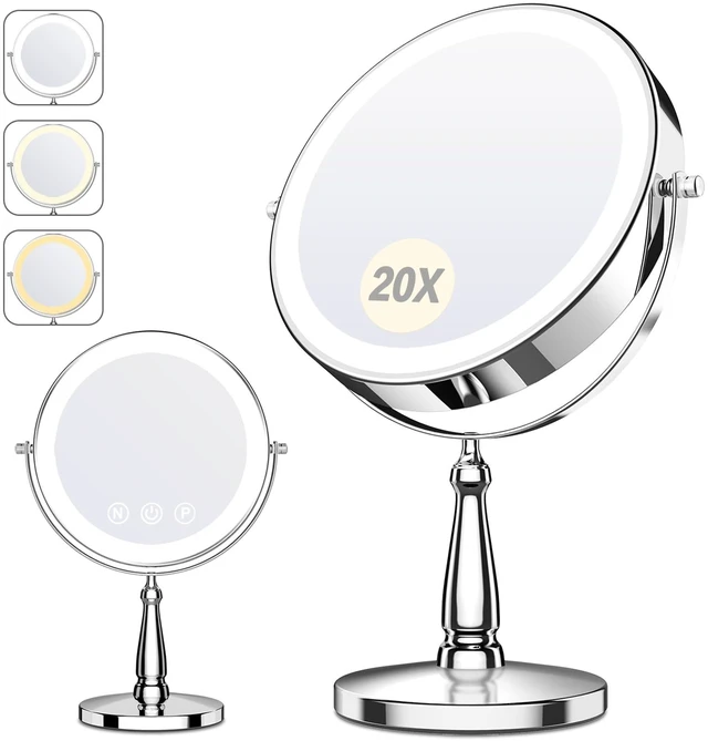 Main image of WOOCICA Makeup Mirror with Lights, 20X Magnifying Mirror with Light for Women, 5000 mAh Vanity Mirror with Lights and 3 Colors, 2-Sided Lighted Magnified Mirrors for Delicate Makeup, 9 Inch