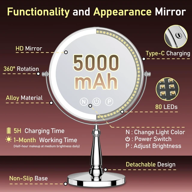 Alt view image 3 of 7 - WOOCICA Makeup Mirror with Lights, 20X Magnifying Mirror with Light for Women, 5000 mAh Vanity Mirror with Lights and 3 Colors, 2-Sided Lighted Magnified Mirrors for Delicate Makeup, 9 Inch