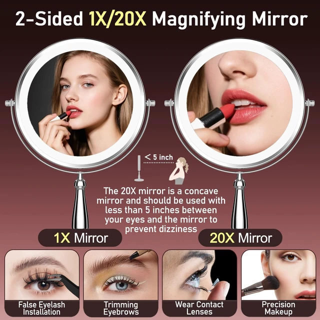 Alt view image 4 of 7 - WOOCICA Makeup Mirror with Lights, 20X Magnifying Mirror with Light for Women, 5000 mAh Vanity Mirror with Lights and 3 Colors, 2-Sided Lighted Magnified Mirrors for Delicate Makeup, 9 Inch