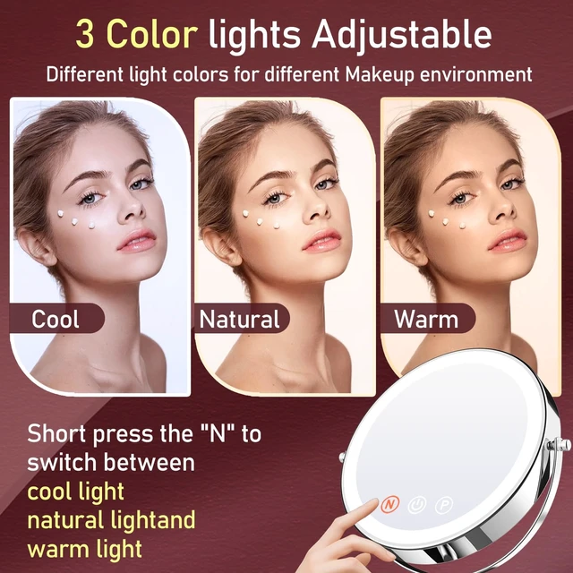 Alt view image 5 of 7 - WOOCICA Makeup Mirror with Lights, 20X Magnifying Mirror with Light for Women, 5000 mAh Vanity Mirror with Lights and 3 Colors, 2-Sided Lighted Magnified Mirrors for Delicate Makeup, 9 Inch