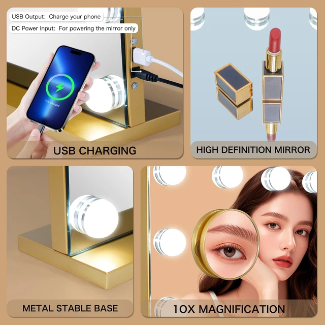 Alt view image 4 of 7 - NUSVAN Vanity Mirror with Lights 19.7''x16.6'' Makeup Mirror with Lights Lighted Up Mirror with Dimmable LED Bulbs,3 Color Lighting Modes,USB Charging Port Touch Control,Sturdy Metal Frame Design,Gold