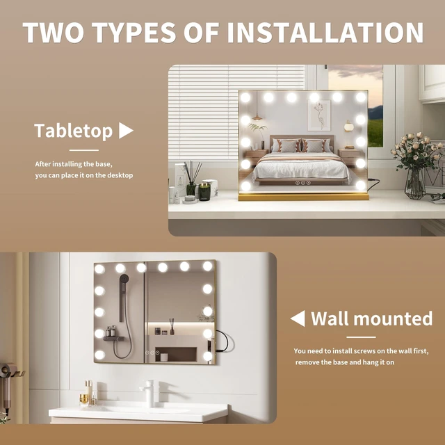 Alt view image 5 of 7 - NUSVAN Vanity Mirror with Lights 19.7''x16.6'' Makeup Mirror with Lights Lighted Up Mirror with Dimmable LED Bulbs,3 Color Lighting Modes,USB Charging Port Touch Control,Sturdy Metal Frame Design,Gold