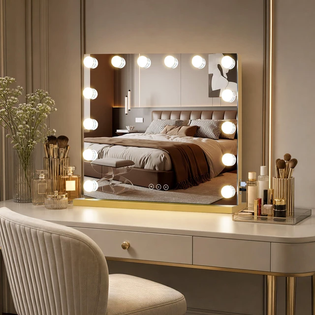 Alt view image 7 of 7 - NUSVAN Vanity Mirror with Lights 19.7''x16.6'' Makeup Mirror with Lights Lighted Up Mirror with Dimmable LED Bulbs,3 Color Lighting Modes,USB Charging Port Touch Control,Sturdy Metal Frame Design,Gold