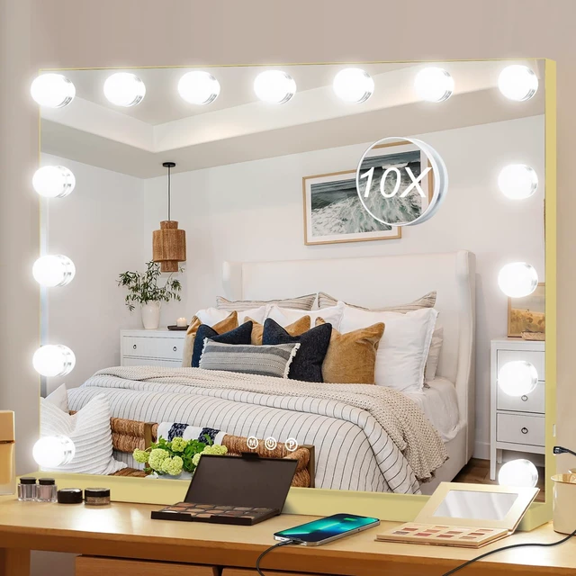Main image of Moonee Vanity Mirror with Lights, Gold Hollywood Lighted Makeup Mirror with 15 Dimmable Bulbs and 10X Magnification, 3 Colors Modes, Aluminum Metal Frame, Light Up Mirror for Tabletop/Wall23" x 18"