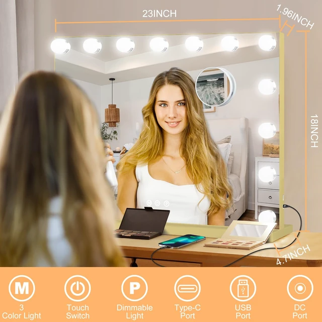 Alt view image 2 of 7 - Moonee Vanity Mirror with Lights, Gold Hollywood Lighted Makeup Mirror with 15 Dimmable Bulbs and 10X Magnification, 3 Colors Modes, Aluminum Metal Frame, Light Up Mirror for Tabletop/Wall23" x 18"