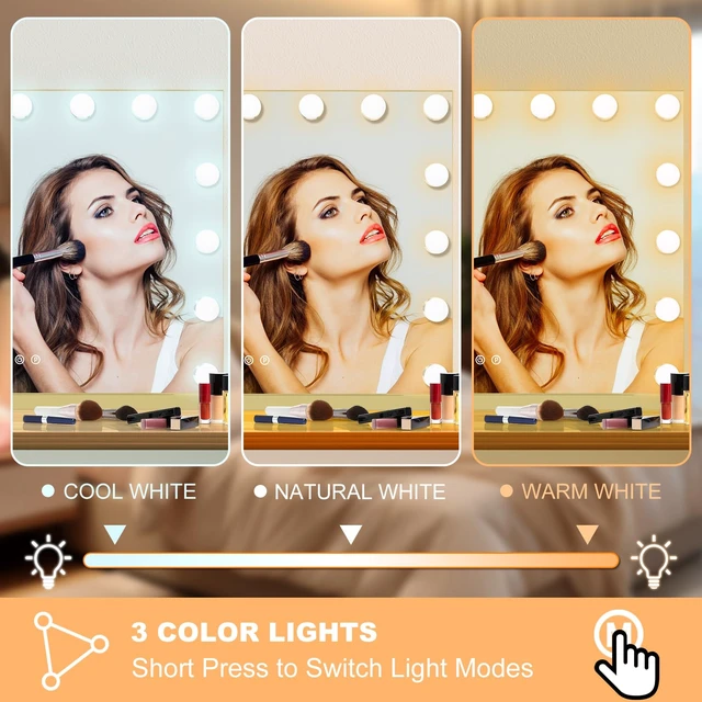 Alt view image 3 of 7 - Moonee Vanity Mirror with Lights, Gold Hollywood Lighted Makeup Mirror with 15 Dimmable Bulbs and 10X Magnification, 3 Colors Modes, Aluminum Metal Frame, Light Up Mirror for Tabletop/Wall23" x 18"