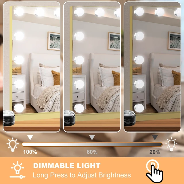 Alt view image 4 of 7 - Moonee Vanity Mirror with Lights, Gold Hollywood Lighted Makeup Mirror with 15 Dimmable Bulbs and 10X Magnification, 3 Colors Modes, Aluminum Metal Frame, Light Up Mirror for Tabletop/Wall23" x 18"
