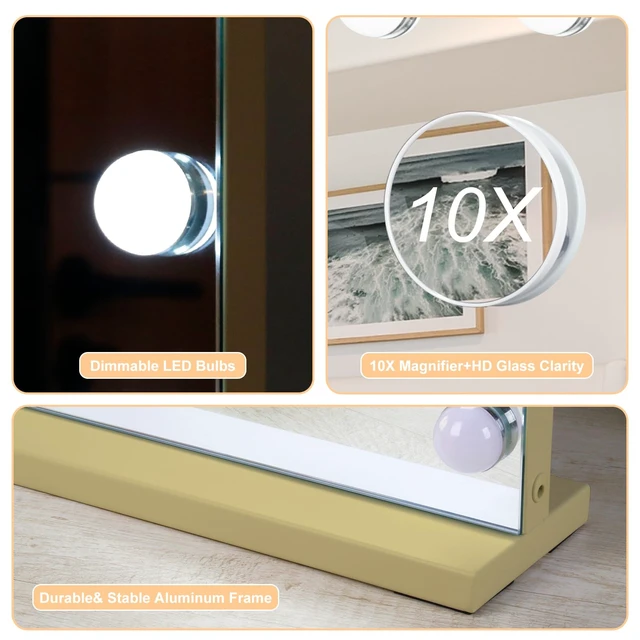 Alt view image 7 of 7 - Moonee Vanity Mirror with Lights, Gold Hollywood Lighted Makeup Mirror with 15 Dimmable Bulbs and 10X Magnification, 3 Colors Modes, Aluminum Metal Frame, Light Up Mirror for Tabletop/Wall23" x 18"