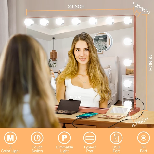 Alt view image 2 of 7 - Moonee Vanity Mirror with Lights, Rose Gold Hollywood Lighted Makeup Mirror with 15 Dimmable Bulbs and 10X Magnification, 3 Colors Modes, Aluminum Metal Frame, Light Up Mirror for Tabletop23" x 18"