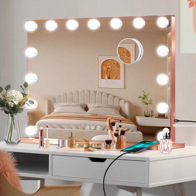 Main image of Moonee Vanity Mirror with Lights, Rose Gold Hollywood Lighted Makeup Mirror with 15 Dimmable Bulbs and 10X Magnification, 3 Colors Modes, Aluminum Metal Frame, Light Up Mirror for Tabletop23" x 18"
