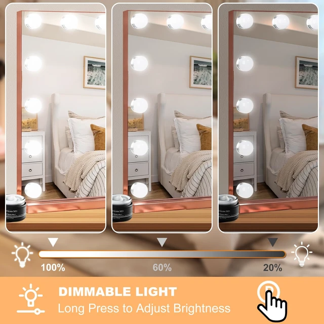 Alt view image 4 of 7 - Moonee Vanity Mirror with Lights, Rose Gold Hollywood Lighted Makeup Mirror with 15 Dimmable Bulbs and 10X Magnification, 3 Colors Modes, Aluminum Metal Frame, Light Up Mirror for Tabletop23" x 18"
