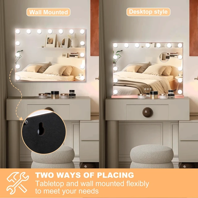 Alt view image 5 of 7 - Moonee Vanity Mirror with Lights, Rose Gold Hollywood Lighted Makeup Mirror with 15 Dimmable Bulbs and 10X Magnification, 3 Colors Modes, Aluminum Metal Frame, Light Up Mirror for Tabletop23" x 18"
