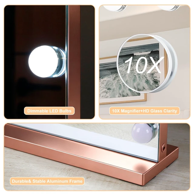 Alt view image 7 of 7 - Moonee Vanity Mirror with Lights, Rose Gold Hollywood Lighted Makeup Mirror with 15 Dimmable Bulbs and 10X Magnification, 3 Colors Modes, Aluminum Metal Frame, Light Up Mirror for Tabletop23" x 18"