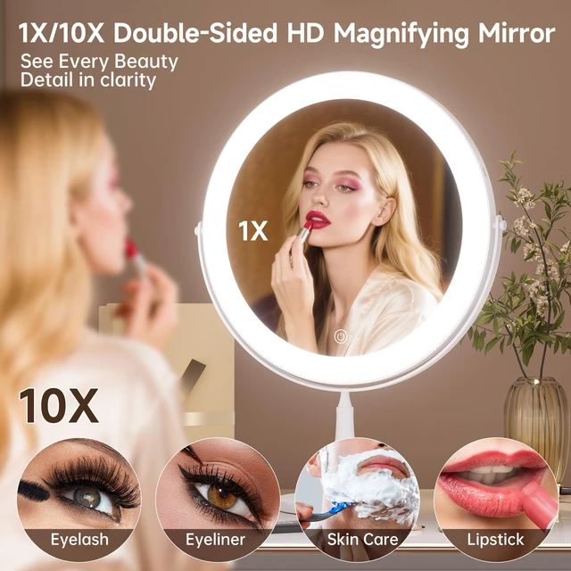 Alt view image 2 of 7 - 11.8" Makeup Mirror, Rechargeable Vanity Mirror with 3 Lights, 1X/10X | Adjustable Brightness, 3000mAh, Double-Sided, Gift for Mom, Women, Wife, Girls, Dorm Room Essential