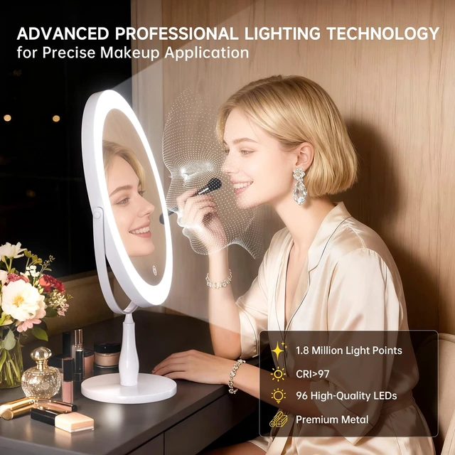 Alt view image 6 of 7 - 11.8" Makeup Mirror, Rechargeable Vanity Mirror with 3 Lights, 1X/10X | Adjustable Brightness, 3000mAh, Double-Sided, Gift for Mom, Women, Wife, Girls, Dorm Room Essential