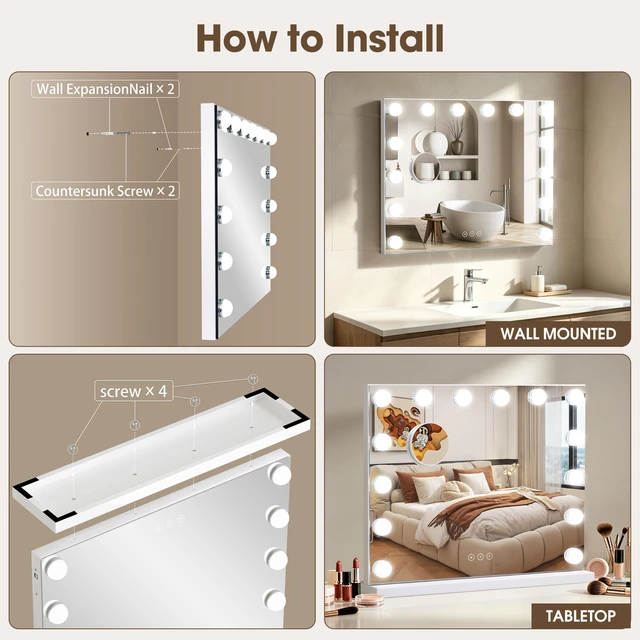 Alt view image 4 of 7 - NUSVAN Vanity Mirror with Lights Lighted Makeup Mirror with Dimmable LED Bulbs,3 Color Lighting Modes,USB Charging Port Touch Control,Sturdy Metal Frame Design,White (50x40cm, 4.70)