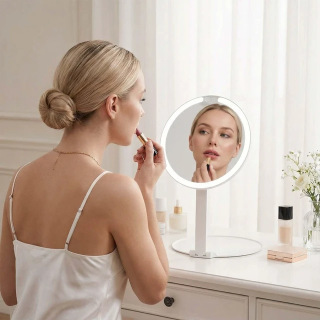 Alt view image 2 of 7 - Fancii Abigail Rechargeable Travel Makeup Mirror with LED Light, 8" Foldable Stand, 3 Color Lighting Travel Mirror. Dimmable & Lightweight Portable Vanity Mirror, Beauty Travel Essential