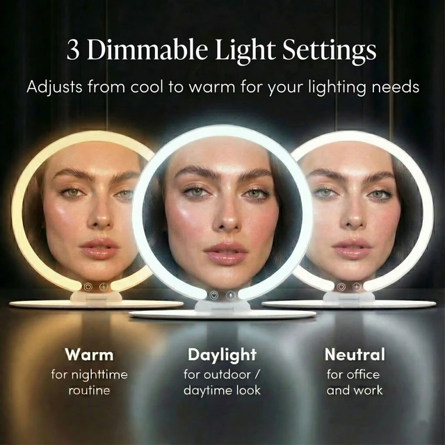 Alt view image 3 of 7 - Fancii Abigail Rechargeable Travel Makeup Mirror with LED Light, 8" Foldable Stand, 3 Color Lighting Travel Mirror. Dimmable & Lightweight Portable Vanity Mirror, Beauty Travel Essential