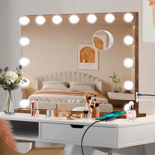 Main image of Moonee Vanity Mirror with Lights, Wood Grain Hollywood Lighted Makeup Mirror with 15 Dimmable Bulbs and 10X Magnification, 3 Colors Modes, Aluminum Metal Frame, Light Up Mirror for Tabletop23" x 18"