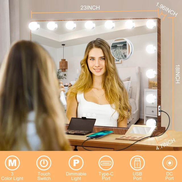 Alt view image 2 of 7 - Moonee Vanity Mirror with Lights, Wood Grain Hollywood Lighted Makeup Mirror with 15 Dimmable Bulbs and 10X Magnification, 3 Colors Modes, Aluminum Metal Frame, Light Up Mirror for Tabletop23" x 18"