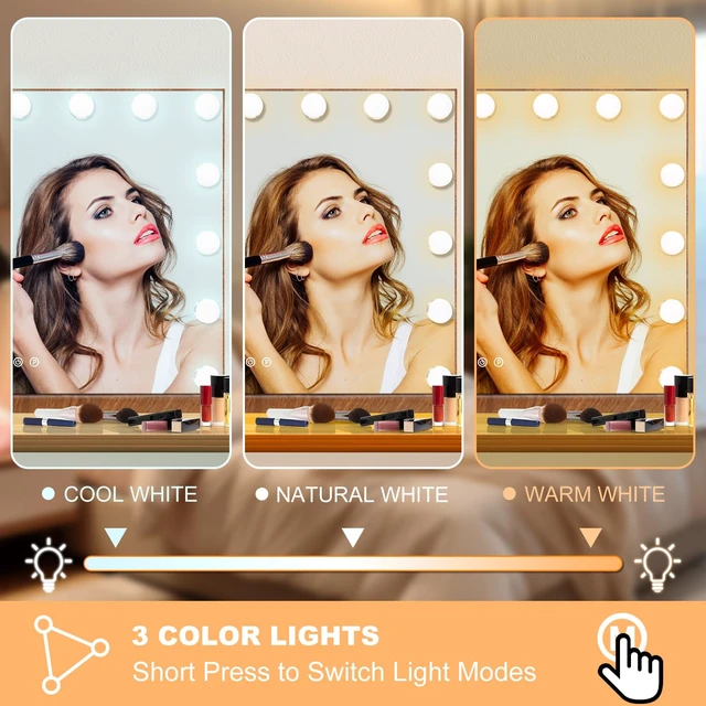 Alt view image 3 of 7 - Moonee Vanity Mirror with Lights, Wood Grain Hollywood Lighted Makeup Mirror with 15 Dimmable Bulbs and 10X Magnification, 3 Colors Modes, Aluminum Metal Frame, Light Up Mirror for Tabletop23" x 18"