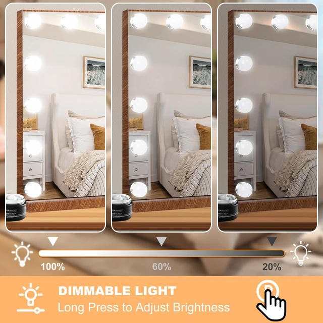 Alt view image 4 of 7 - Moonee Vanity Mirror with Lights, Wood Grain Hollywood Lighted Makeup Mirror with 15 Dimmable Bulbs and 10X Magnification, 3 Colors Modes, Aluminum Metal Frame, Light Up Mirror for Tabletop23" x 18"
