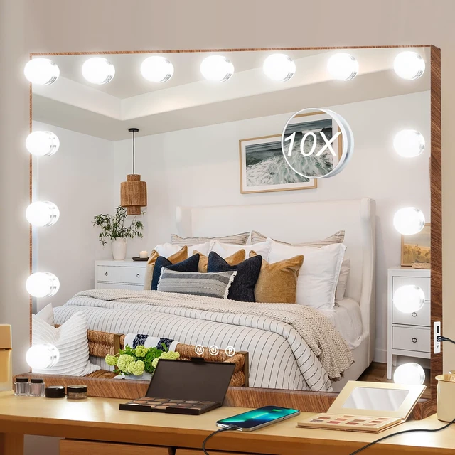 Alt view image 7 of 7 - Moonee Vanity Mirror with Lights, Wood Grain Hollywood Lighted Makeup Mirror with 15 Dimmable Bulbs and 10X Magnification, 3 Colors Modes, Aluminum Metal Frame, Light Up Mirror for Tabletop23" x 18"