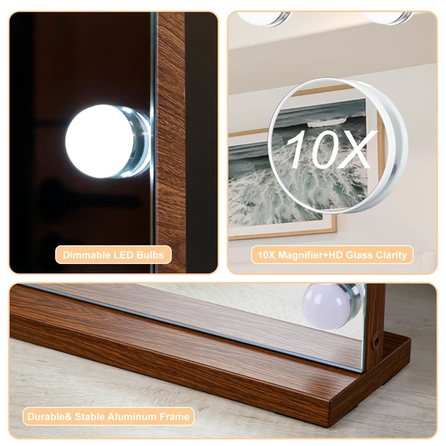 Alt view image 6 of 7 - Moonee Vanity Mirror with Lights, Wood Grain Hollywood Lighted Makeup Mirror with 15 Dimmable Bulbs and 10X Magnification, 3 Colors Modes, Aluminum Metal Frame, Light Up Mirror for Tabletop23" x 18"