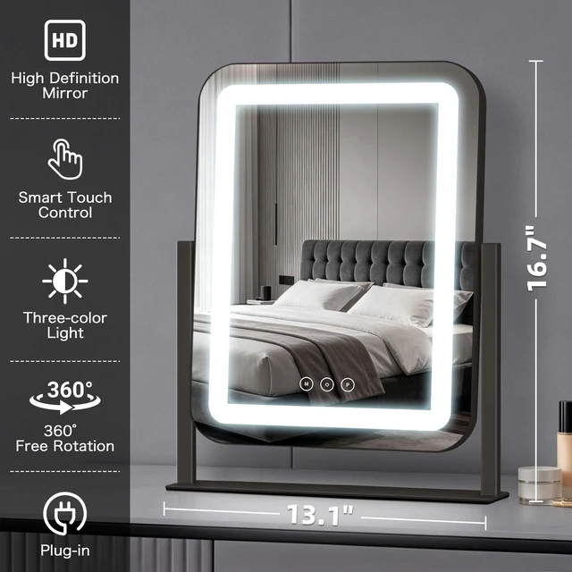 Alt view image 2 of 7 - Shinerva Vanity Mirror with Lights, 13.1"×16.7" LED Makeup Mirror | Smart Touch Control, Dimmable 3-Color Modes, Memory Function, 10X Magnifying Mirror, for Desk, Bedroom, Dressing