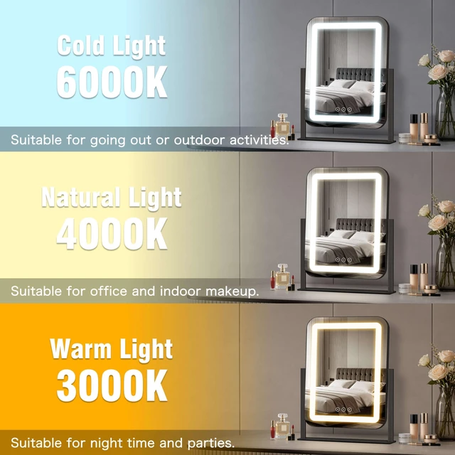 Alt view image 3 of 7 - Shinerva Vanity Mirror with Lights, 13.1"×16.7" LED Makeup Mirror | Smart Touch Control, Dimmable 3-Color Modes, Memory Function, 10X Magnifying Mirror, for Desk, Bedroom, Dressing