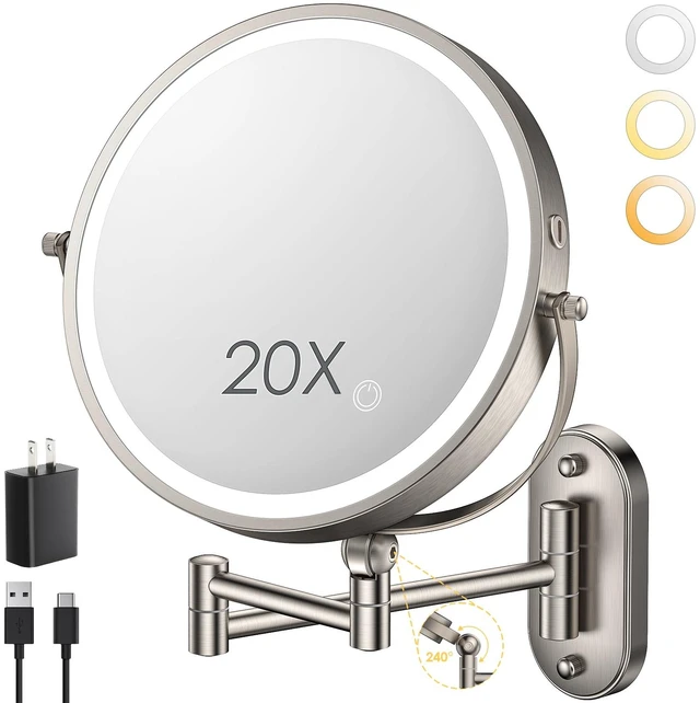 Main image of ZLOKLA 9" Wall Mounted Lighted Makeup Mirror,4000mAh Rechargeable Double Sided 1X/20X Magnifying Mirror with Light,Touch Dimmable,Extended Arm 360 Rotation Wall Mounted Makeup Mirror 3 Color Lights-N