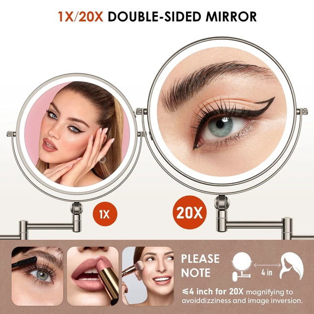 Alt view image 4 of 6 - ZLOKLA 9" Wall Mounted Lighted Makeup Mirror,4000mAh Rechargeable Double Sided 1X/20X Magnifying Mirror with Light,Touch Dimmable,Extended Arm 360 Rotation Wall Mounted Makeup Mirror 3 Color Lights-N